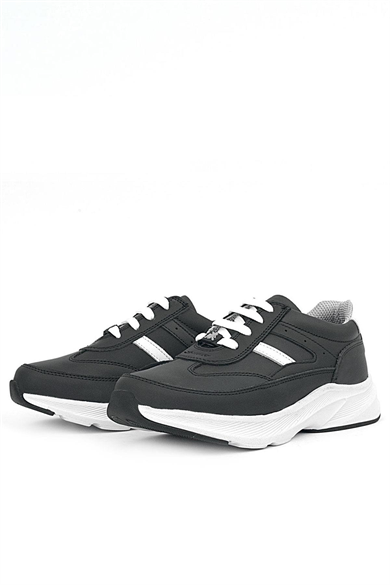 Rakerplus Hakiki Deri Anatomik Siyah Beyaz Bağcıklı Hafif Çocuk Spor Ayakkabı