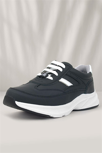 Rakerplus Hakiki Deri Anatomik Siyah Beyaz Bağcıklı Hafif Çocuk Spor Ayakkabı