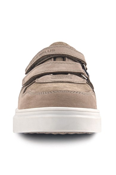 Rakerplus Hakiki Deri Bej Kahve Desenli Çift Cırtlı Çocuk Sneaker Spor Ayakkabı