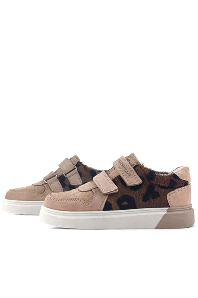 Rakerplus Hakiki Deri Bej Kahve Desenli Çift Cırtlı Çocuk Sneaker Spor Ayakkabı