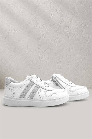 Rakerplus Hakiki Deri Beyaz Bağcıklı Fermuarlı Çocuk Sneaker Ayakkabı