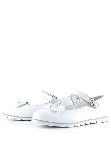 Rakerplus Hakiki Deri Beyaz Cırtlı Çiçek Detaylı Kız Çocuk Babet Ayakkabı