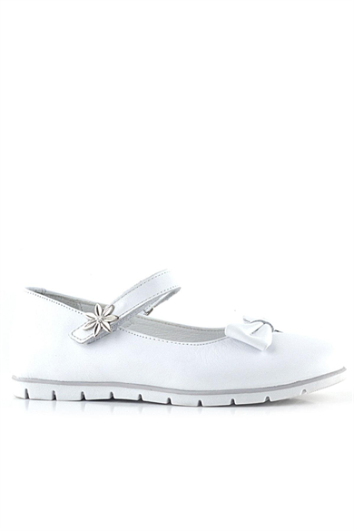 Rakerplus Hakiki Deri Beyaz Cırtlı Çiçek Detaylı Kız Çocuk Babet Ayakkabı