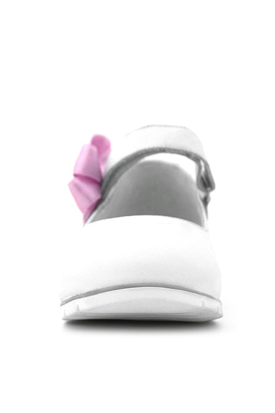 Rakerplus Hakiki Deri Beyaz Cırtlı Pembe Kurdeleli Kız Çocuk Babet