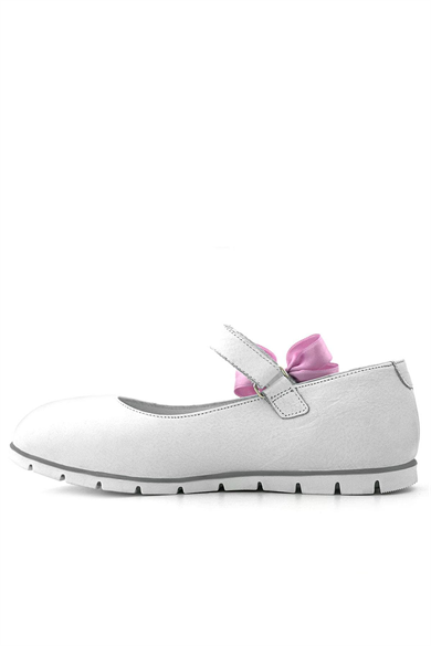 Rakerplus Hakiki Deri Beyaz Cırtlı Pembe Kurdeleli Kız Çocuk Babet