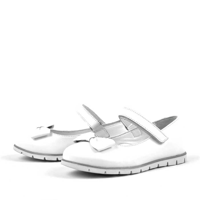 Rakerplus Hakiki Deri Beyaz Fiyonklu Cırtlı Kız Çocuk Babet Ayakkabı