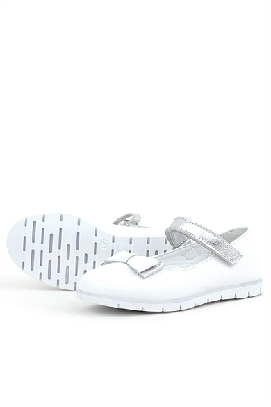 Rakerplus Hakiki Deri Beyaz Gümüş Fiyonklu Cırtlı Kız Çocuk Babet