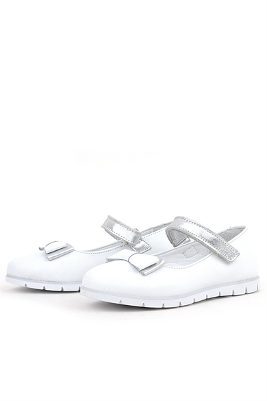 Rakerplus Hakiki Deri Beyaz Gümüş Fiyonklu Cırtlı Kız Çocuk Babet