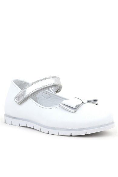 Rakerplus Hakiki Deri Beyaz Gümüş Fiyonklu Cırtlı Kız Çocuk Babet