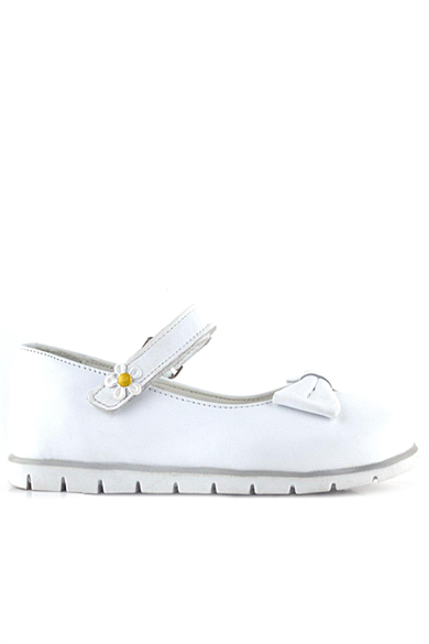 Rakerplus Hakiki Deri Beyaz Papatya Detaylı Cırtlı Kız Çocuk Babet Ayakkabı