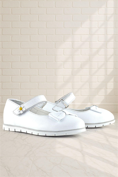 Rakerplus Hakiki Deri Beyaz Papatya Detaylı Cırtlı Kız Çocuk Babet Ayakkabı