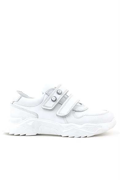 Rakerplus Hakiki Deri Beyaz Taşlı Kız Çocuk Sneakers Ayakkabı