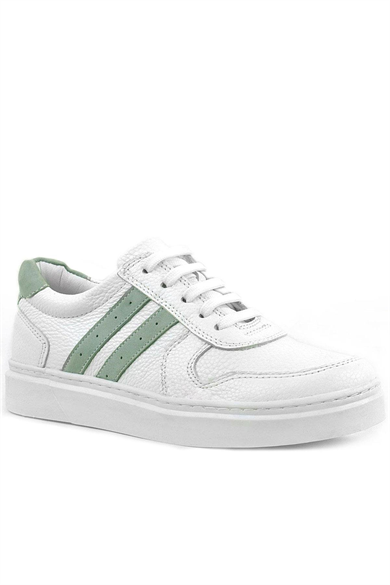 Rakerplus Hakiki Deri Beyaz Yeşil Bağcıklı Fermuarlı Çocuk Sneaker