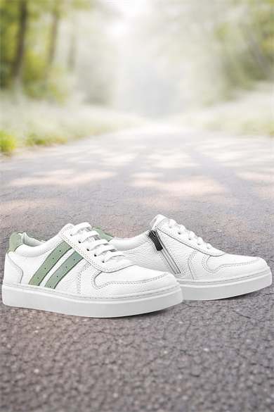 Rakerplus Hakiki Deri Beyaz Yeşil Bağcıklı Fermuarlı Çocuk Sneaker