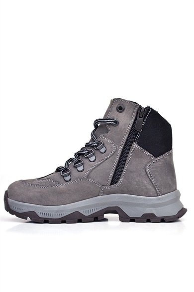 Rakerplus Hakiki Deri Gri Bağcıklı Fermuarlı Trekking Çocuk Bot