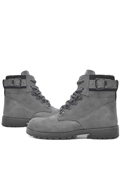 Rakerplus Hakiki Deri Gri Fermuarlı Bağcıklı Kürklü Bot