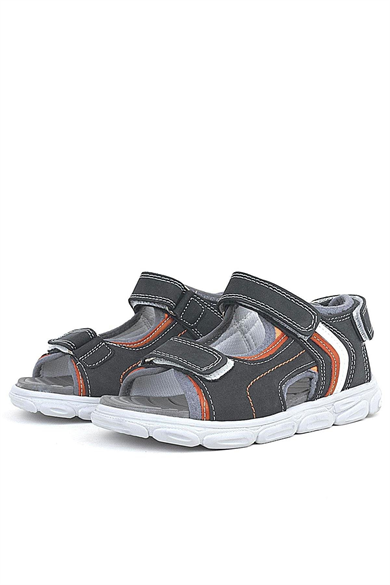 Rakerplus Hakiki Deri Gri Turuncu Beyaz Cırt Cırtlı Çocuk Sandalet