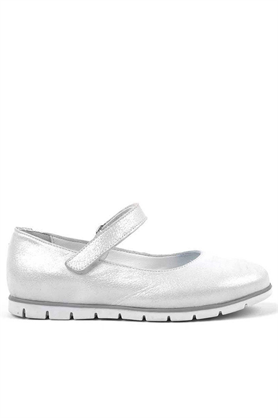 Rakerplus Hakiki Deri Gümüş Cırtlı Kız Çocuk Babet