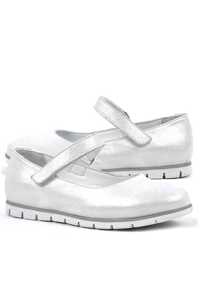 Rakerplus Hakiki Deri Gümüş Cırtlı Kız Çocuk Babet