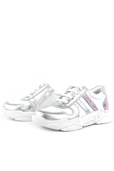 Rakerplus Hakiki Deri Gümüş Pembe Kalın Tabanlı Kız Çocuk Sneakers Ayakkabı