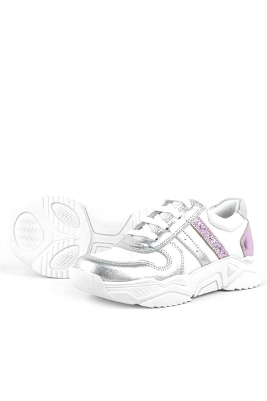 Rakerplus Hakiki Deri Gümüş Pembe Kalın Tabanlı Kız Çocuk Sneakers Ayakkabı