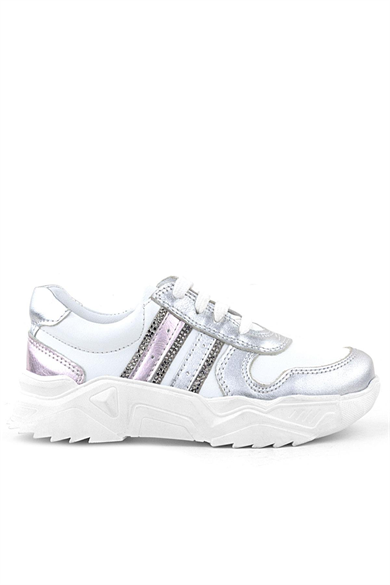 Rakerplus Hakiki Deri Gümüş Pembe Parlak Taşlı Kız Çocuk Sneakers Ayakkabı