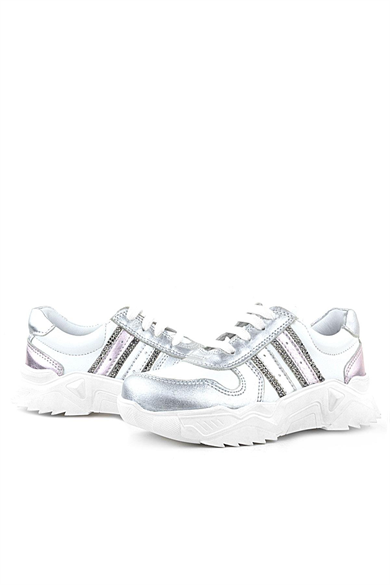 Rakerplus Hakiki Deri Gümüş Pembe Parlak Taşlı Kız Çocuk Sneakers Ayakkabı