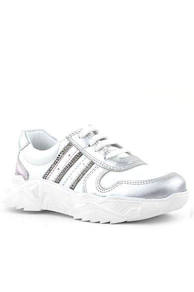 Rakerplus Hakiki Deri Gümüş Pembe Parlak Taşlı Kız Çocuk Sneakers Ayakkabı