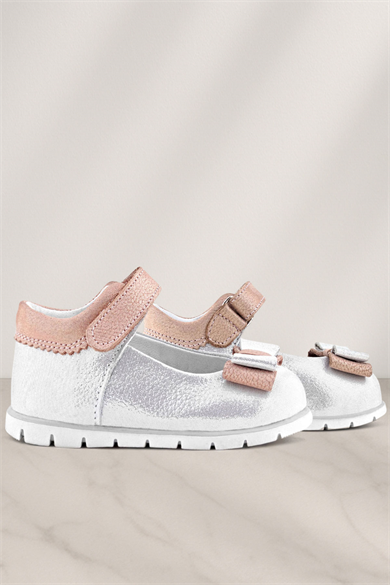 Rakerplus Hakiki Deri Gümüş Pudra Kız Bebek Babet Ayakkabı