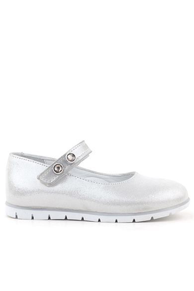 Rakerplus Hakiki Deri Gümüş Taşlı Cırt Cırtlı Kız Çocuk Babet