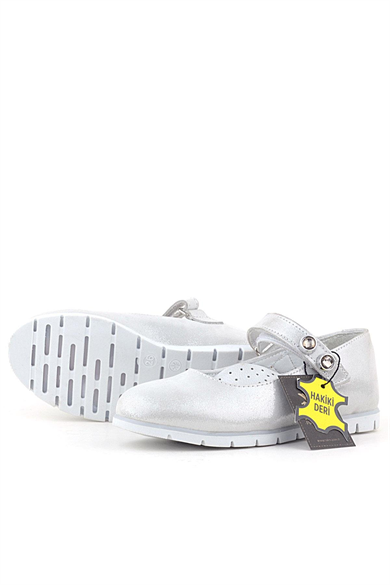 Rakerplus Hakiki Deri Gümüş Taşlı Cırt Cırtlı Kız Çocuk Babet