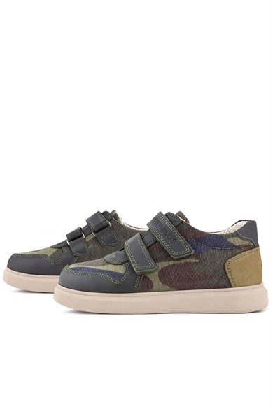 Rakerplus Hakiki Deri Haki Kamuflaj Desenli Cırtlı Hafif Tabanlı Erkek Çocuk Spor Ayakkabı