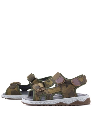 Rakerplus Hakiki Deri Haki Yeşil Kamuflaj Desenli Cırtlı Çocuk Sandalet