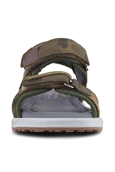 Rakerplus Hakiki Deri Haki Yeşil Kamuflaj Desenli Cırtlı Çocuk Sandalet