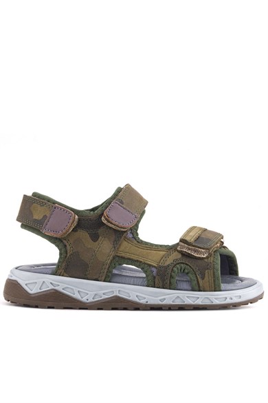 Rakerplus Hakiki Deri Haki Yeşil Kamuflaj Desenli Cırtlı Çocuk Sandalet