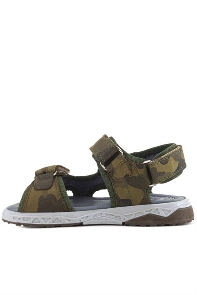 Rakerplus Hakiki Deri Haki Yeşil Kamuflaj Desenli Cırtlı Çocuk Sandalet