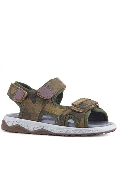 Rakerplus Hakiki Deri Haki Yeşil Kamuflaj Desenli Cırtlı Çocuk Sandalet