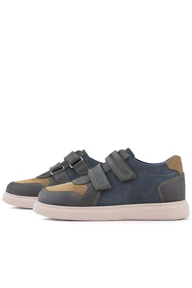 Rakerplus Hakiki Deri Haki Yeşil Lacivert Cırtlı Hafif Tabanlı Erkek Çocuk Spor Ayakkabı