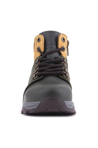 Rakerplus Hakiki Deri Haki Yeşil Sarı Fermuarlı Trekking Çocuk Bot