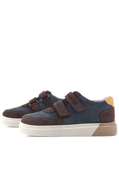 Rakerplus Hakiki Deri Kahve Koyu Mavi Çift Cırtlı Çocuk Sneaker Spor Ayakkabı