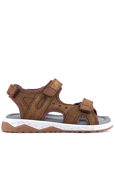 Rakerplus Hakiki Deri Kahve Taba Cırt Cırtlı Çocuk Sandalet Ayakkabı