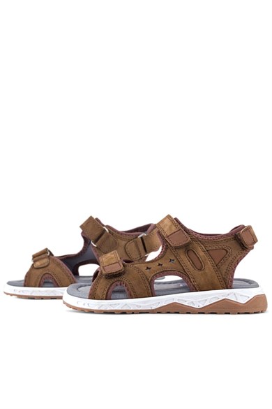 Rakerplus Hakiki Deri Kahve Taba Cırt Cırtlı Çocuk Sandalet Ayakkabı