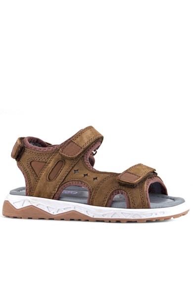 Rakerplus Hakiki Deri Kahve Taba Cırt Cırtlı Çocuk Sandalet Ayakkabı