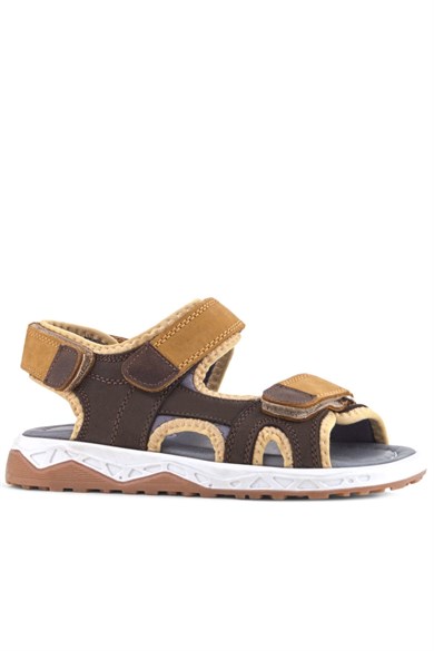 Rakerplus Hakiki Deri Kahve Taba Rengi Cırtlı Çocuk Sandalet