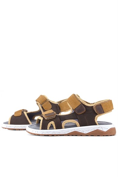 Rakerplus Hakiki Deri Kahve Taba Rengi Cırtlı Çocuk Sandalet