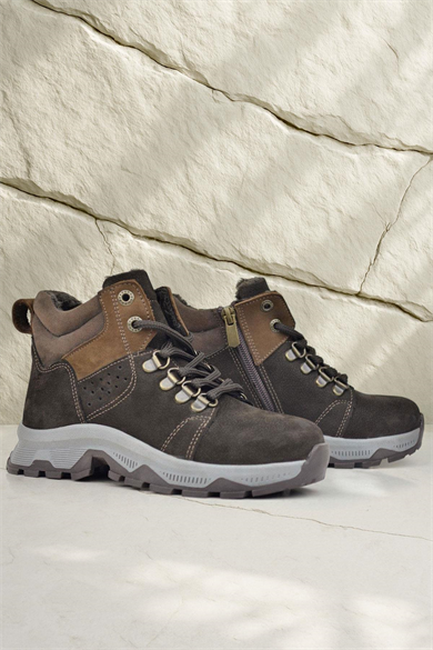 Rakerplus Hakiki Deri Kahverengi Fermuarlı Trekking Çocuk Bot