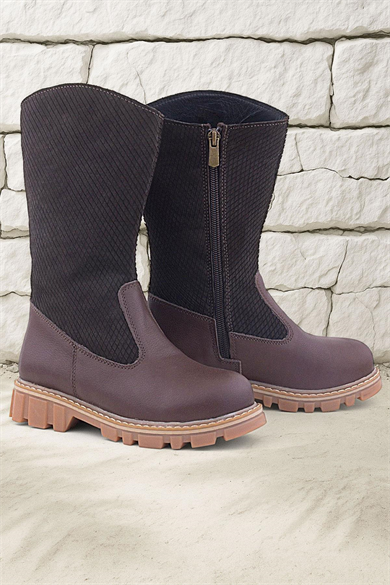 Rakerplus Hakiki Deri Kahverengi Fermuarlı Uzun Kız Çocuk Çizme