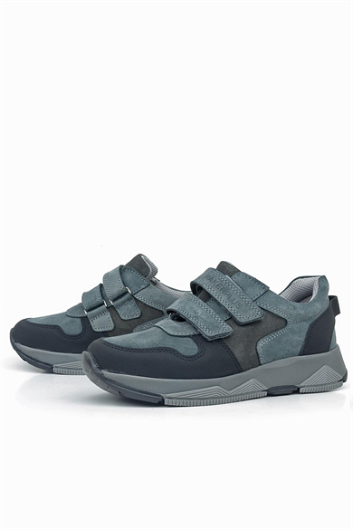 Rakerplus Hakiki Deri Koyu Gri Siyah Çocuk Cırtlı Sneakers Spor Ayakkabı