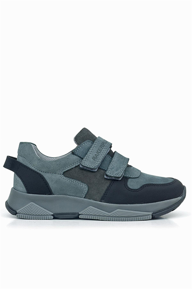 Rakerplus Hakiki Deri Koyu Gri Siyah Çocuk Cırtlı Sneakers Spor Ayakkabı