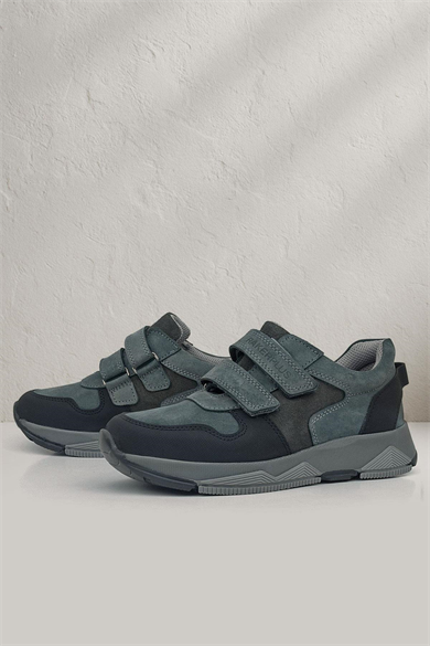 Rakerplus Hakiki Deri Koyu Gri Siyah Çocuk Cırtlı Sneakers Spor Ayakkabı